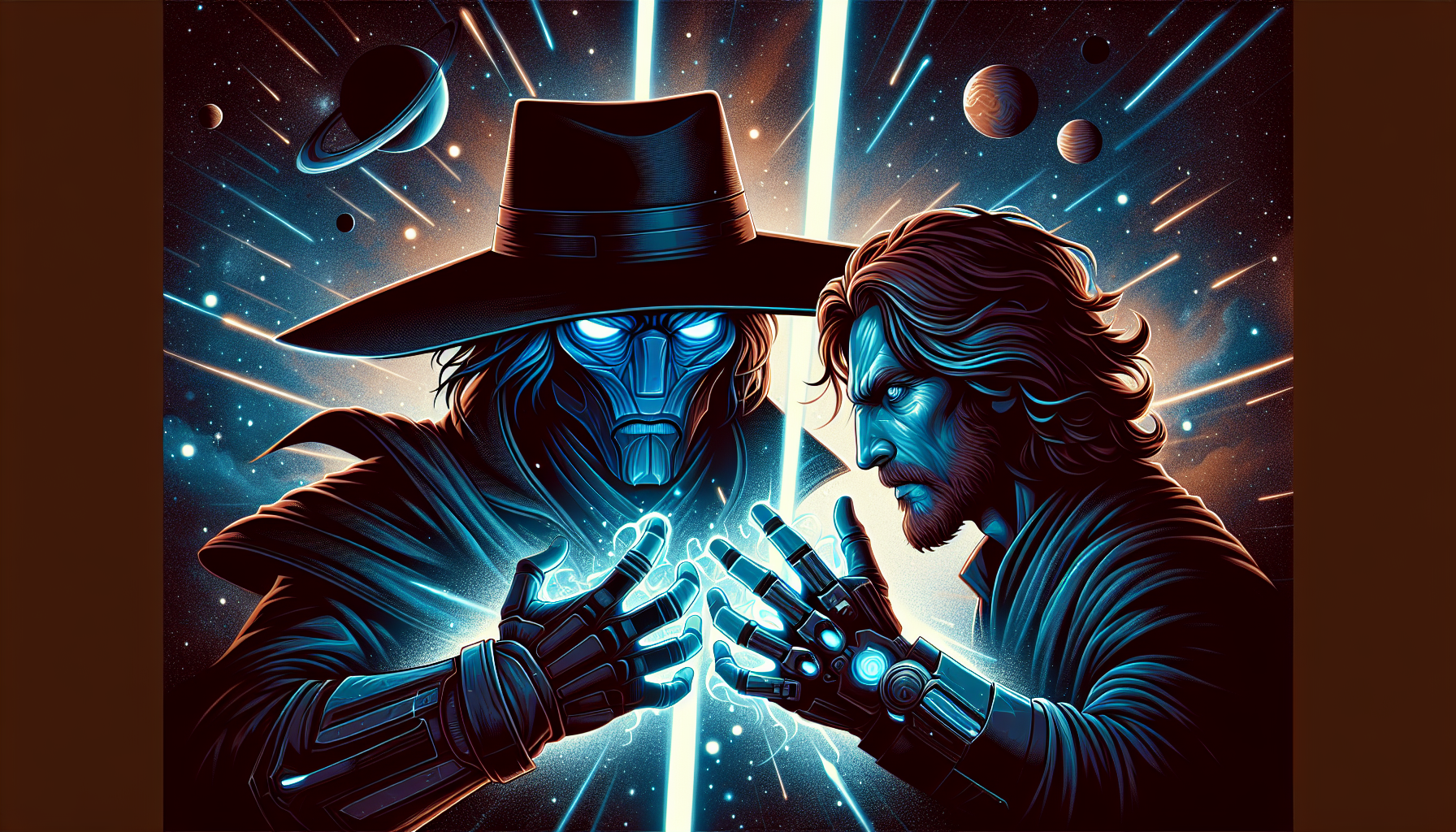 A thrilling duel between an enigmatic bounty hunter with large wide-brimmed hat, sharp facial features, and blue skin facing off against a stoic monk-like figure, with wavy auburn hair, hands occupied with a glowing energy blade. They are seemingly suspended in a sea of stars, surrounded by otherworldly planets and galactic wonders. Add a touch of modern flair into the artistic style while retaining the vibe of an epic space opera.