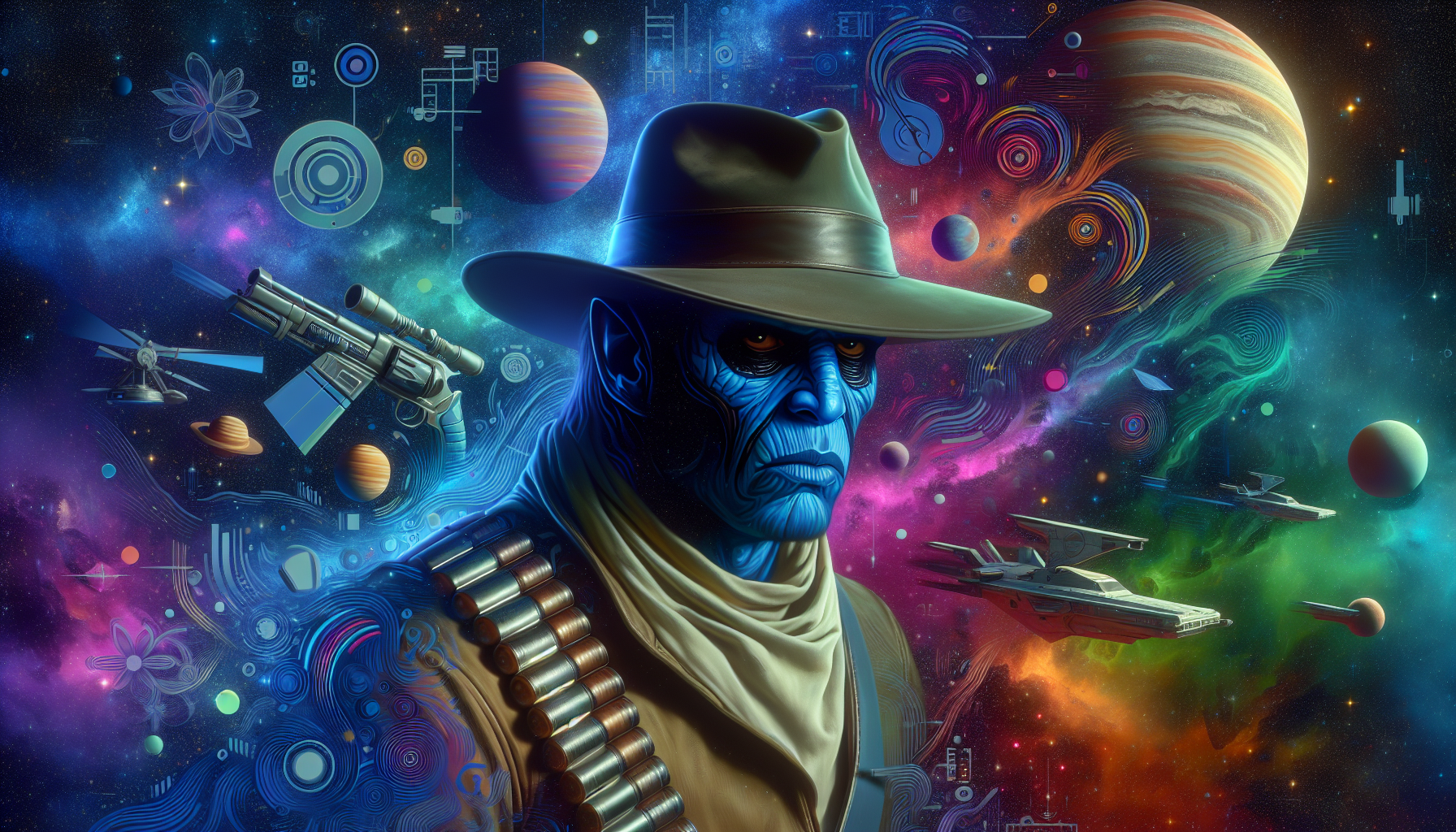 An imaginative portrayal of a notorious bounty hunter from a popular space fantasy saga, who wears wide-brimmed hats and has blue skin. Visually delve into his future within this expansive cosmos. The image should adopt a modern aesthetic, with vibrant and diverse colors inspired by futuristic environments. Consider utilizing symbols, objects, or environments that might hint towards the character's destiny within the narrative. Remember, this piece should be void of textual elements.