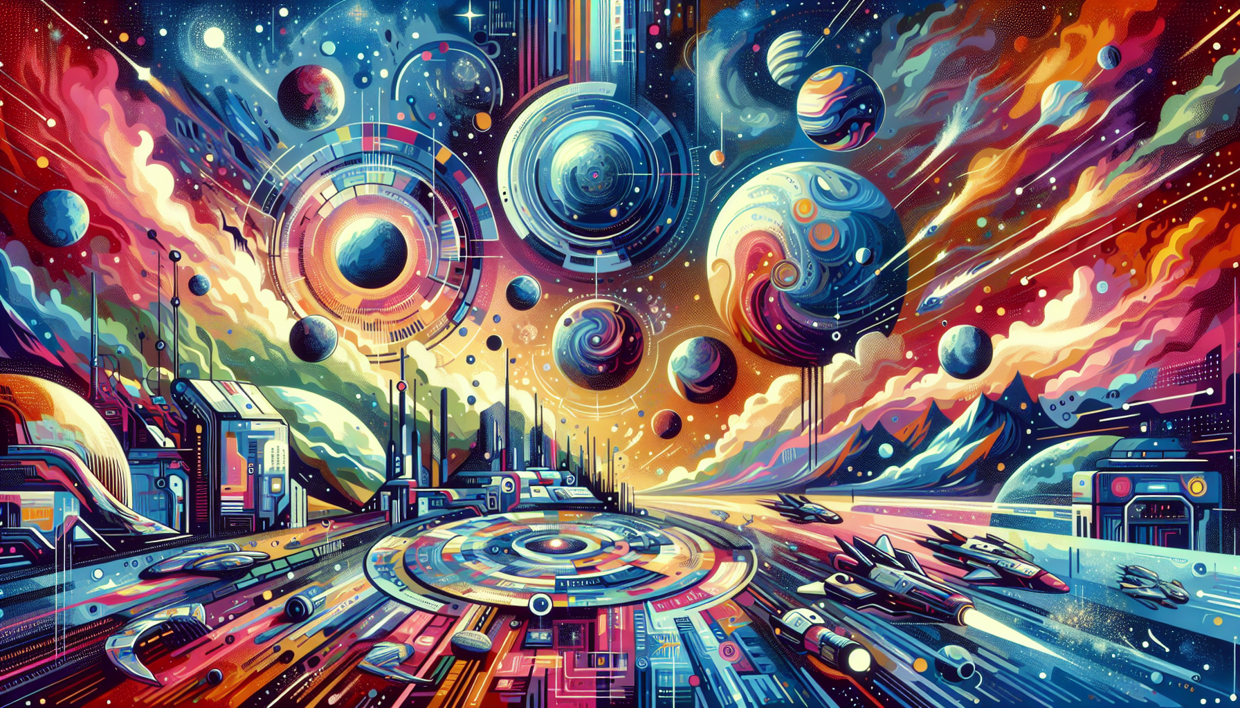 Create a colorful, contemporary illustration that serves as a chronological guide to a science fiction space opera universe. Keep in mind the typical imagery found in such universes such as advanced technology, a variety of alien species, space battles, futuristic cities, and interstellar landscapes. Do not use any text and use a wide array of vibrant shades to bring the universe to life.
