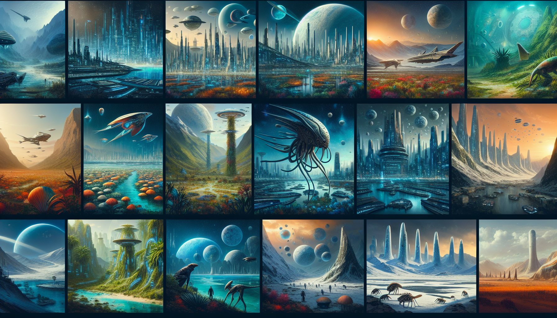 An immersive alien atlas showcasing diverse species from another galaxy and the stunning landscapes of the planets they inhabit. The style is modern and vivid, drawing inspiration from space opera themes without duplication of any specific franchise's material. Consider detailed depictions of varied technologically advanced cities, lush alien jungles, expansive desert landscapes, and ice-encrusted moons. Each scene should highlight a distinct species adapted to their environment, showcasing physical traits commonplace within their kind. Include aquatic lifeforms in massive underwater cities, aerial beings soaring in skyscraping metropolis, and terrestrial species thriving in arid deserts or polar ice caps.