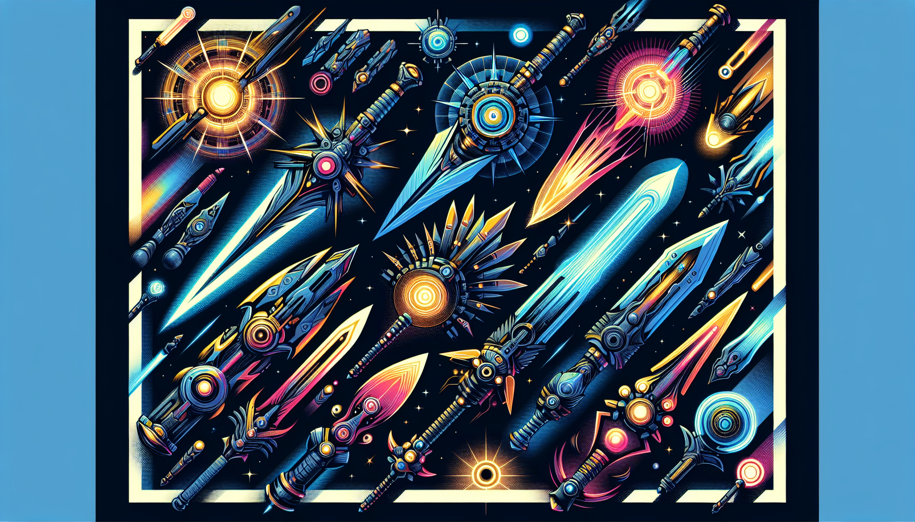 Create a vivid and contemporary illustration showcasing a variety of futuristic energy swords. These swords should encapsulate an array of designs, similar to ones found in space opera science fiction settings, and they should radiate different vibrant hues. Please do acknowledge the aesthetics and visuals of popular intergalactic franchises for inspiration but make it original and unique.