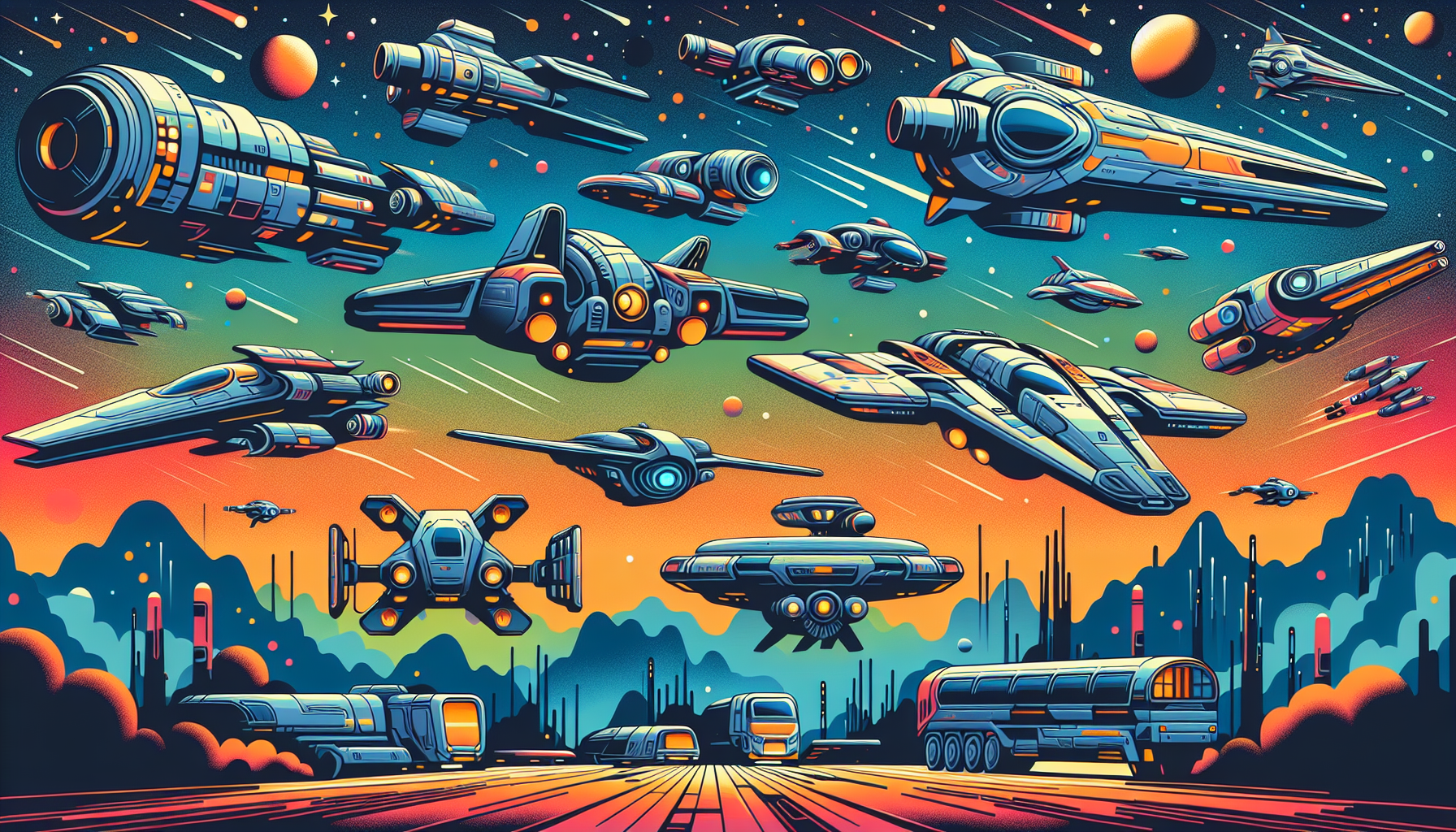 Depict several futuristic spacecrafts and ground vehicles that echo the aesthetic of a popular space opera franchise, without infricing on specific designs. Illustration style should be modern and color-rich, with an extra-terrestrial environment as a backdrop. No text should be present in the image.