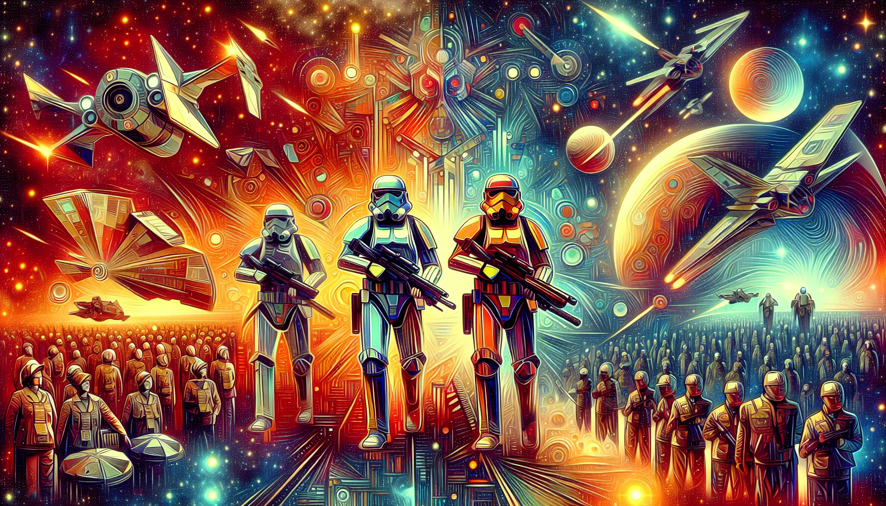 Create an illustration that encompasses the influence of identical soldiers in a space-themed universe, reminiscent of a popular cinematic universe if seen through the lens of symbolic interpretation. The image should possess a vibrant array of colors to capture the sci-fi ambiance perfectly. Pay special attention to key elements of a technologically advanced universe, such as futuristic armors, space battleships, and extraterrestrial landscapes.