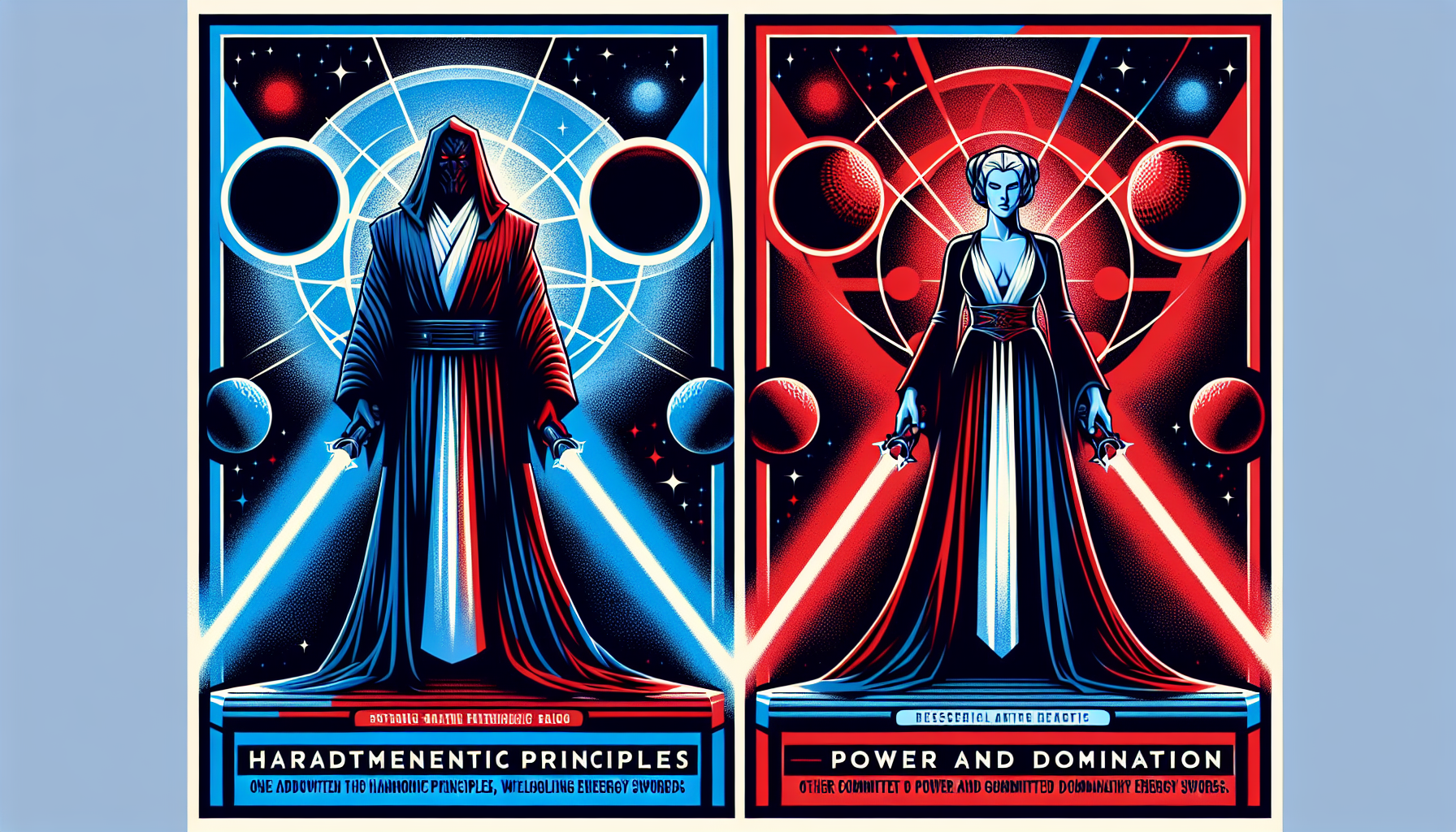 Illustration of two fictional galactic factions representing contrasting philosophies: one adhering to harmonious principles, depicted in blue robes wielding glowing energy swords, and the other committed to power and domination, dressed in black with red energy blades. Referencing the stylistic aesthetics of a classic space opera saga, present the colors in a vivid and contemporary manner. Note that no text should be present in the image, only the visual representation of these philosophical differences.