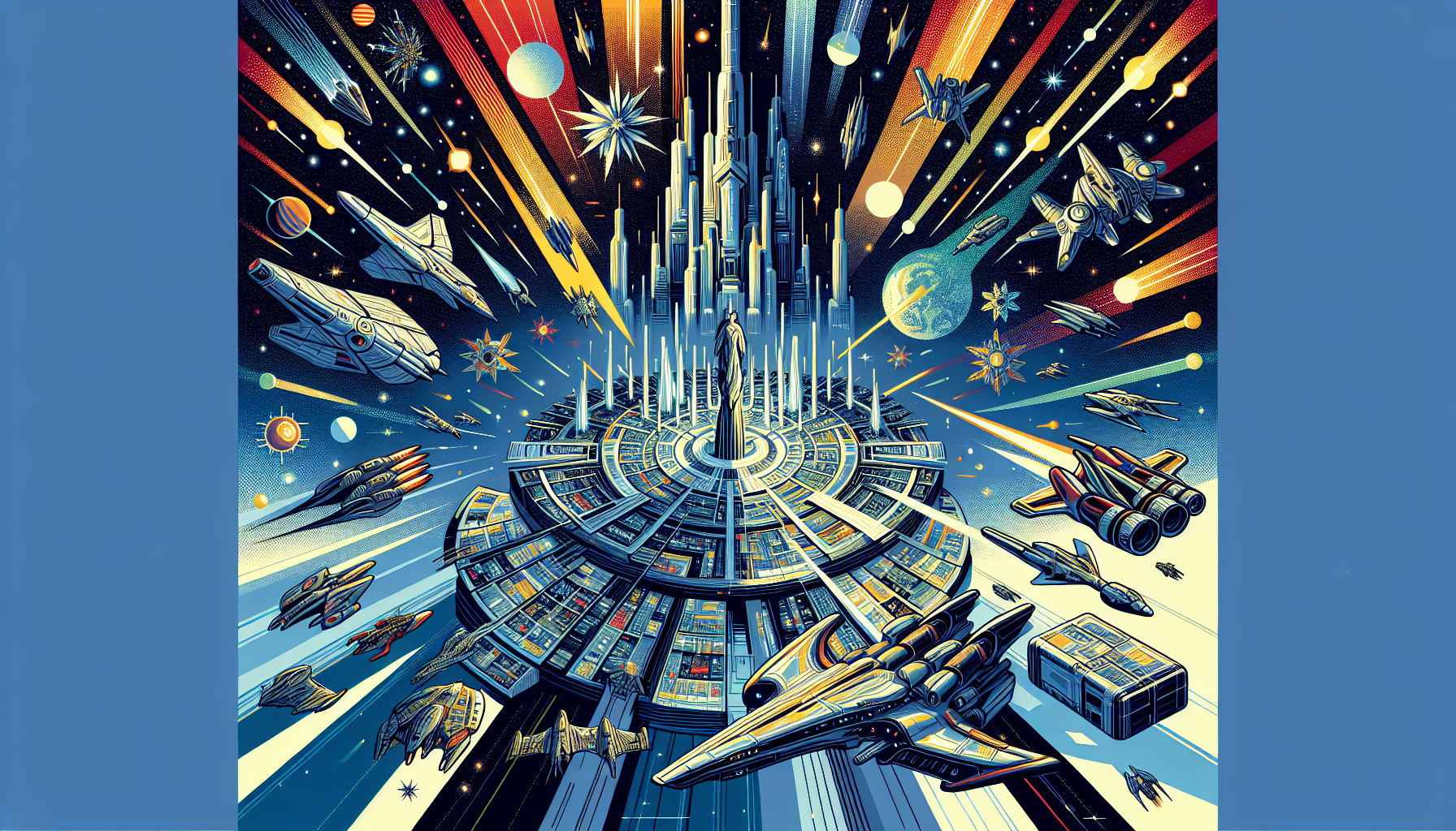 Create a detailed illustration that visually represents the growth and development of a fictional galactic empire. Use a futuristic and modern style, incorporating elements reminiscent of popular space opera series such as extensive star systems, intricate spacecraft designs, towering headquarters, galactic battles, and diverse alien species. Highlight the vibrant color palette for a pop culture twist. No text should be included in the image. Note that we are not replicating any specific copyrighted series, but drawing inspiration from space-opera genre in general.